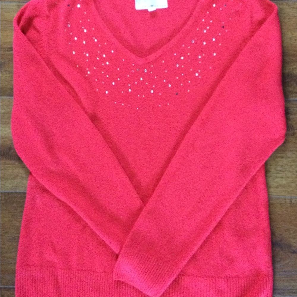 Red, V-Neck, Long Sleeved, Size L, Red Sweater With Rhinestones